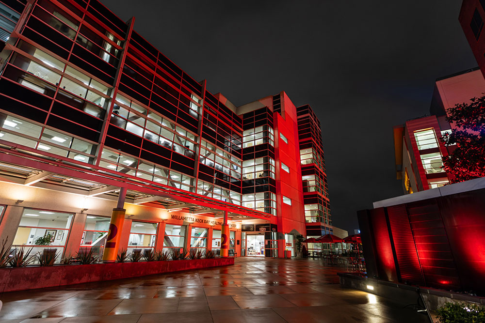 Keck Medicine of USC lit in red to honor Heart Month.